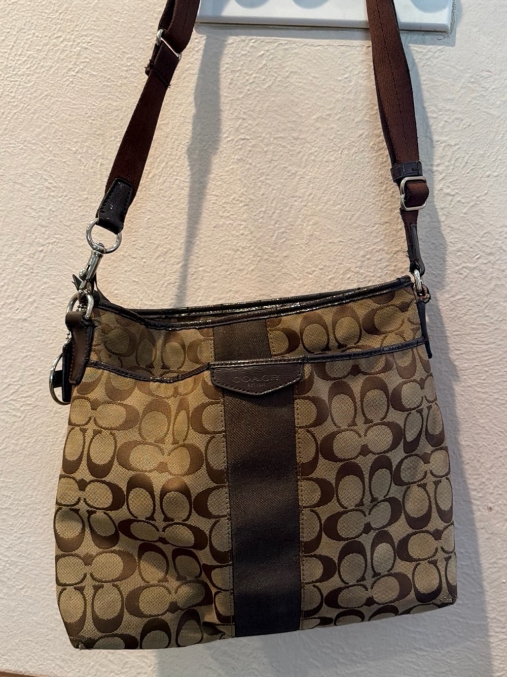 Coach Brown Signature Jacquard Crossbody with Dark Trim
